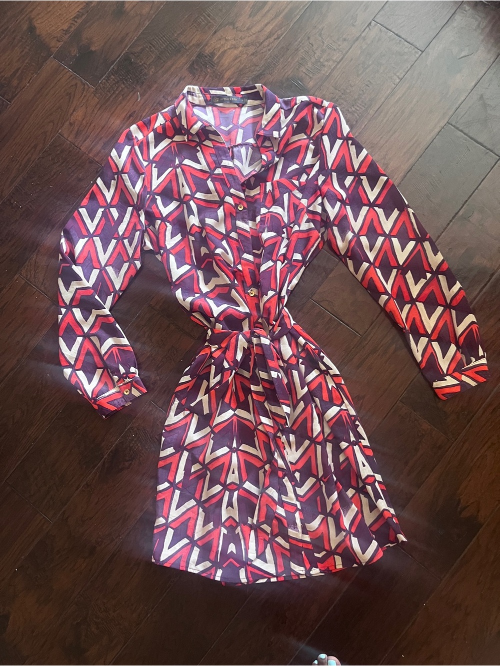 Outback Red Red and Purple Geometric Button-Front Long Sleeve Dress